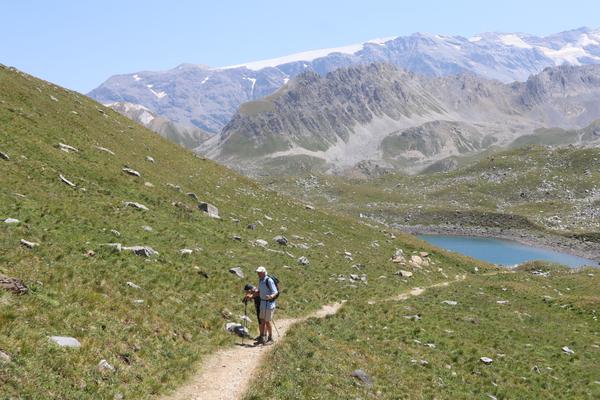 Two hikers are seen on a winding dirt trail, traversing a lush green mountain slope dotted with rocks